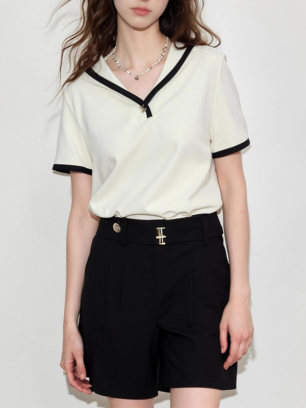 フランスのデザイン感と帽子のtシャツの婦人服2025夏の新型の衝突色は半袖の上着をつなぎ合わせます。|undefined