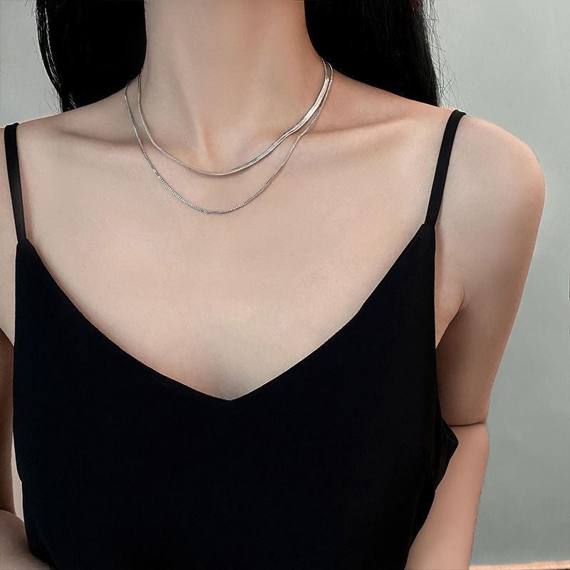 Double Layer Snake Chain Necklace In Silver Titanium Steel For Women_voghion.com