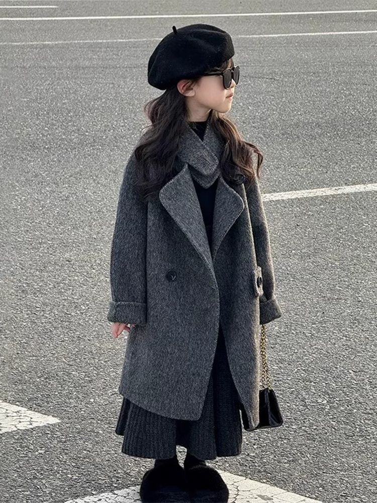 Korean-style girls' autumn and winter new gray double-breasted woolen coat, thickened long trench coat for older children