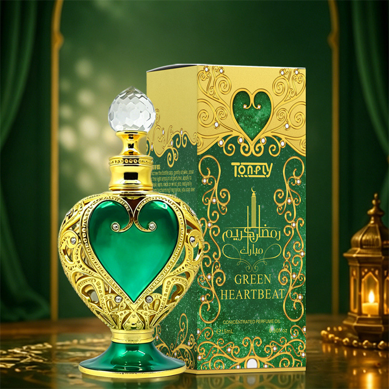 Tonfly Middle Eastern Heart-Shaped Green Bottle Perfume Essential Oil 15ml Arabic Fragrance Concentrated Fragrance Oil Gift Box for Women