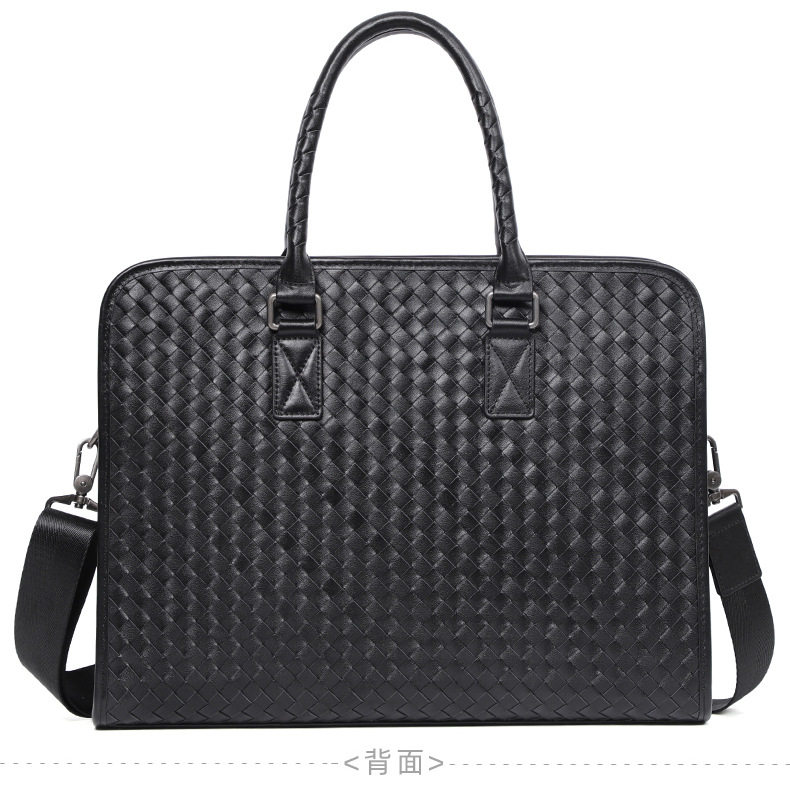Túi xách nam da bò thật dệt tay cao cấp 40×13×29 cm, túi đeo vai công sở — Màu đen chi tiết 15