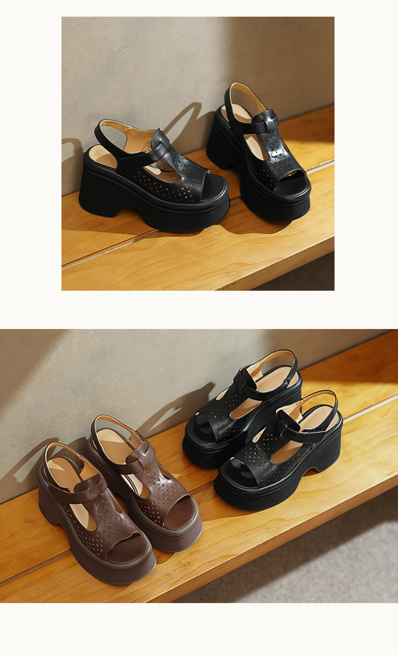 Sandal cao gót nữ đế xuồng mũi hở quai Velcro — Màu nâu, Màu đen chi tiết 6