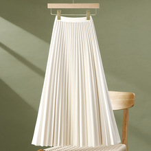米白色百褶半身裙女春夏复古高腰遮胯休闲百搭大摆中长款A字裙