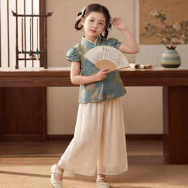 2026春夏季新款松紧腰阔腿裤唐装汉服两件套新中式女童古风套装