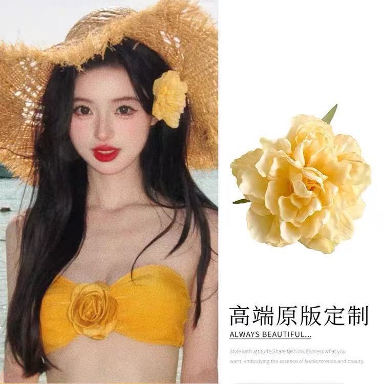 大きな花の海辺の休暇用ヘアアクセサリー、風に吹かれる風合いのスタイリング、リアルなサイドヘアアクセサリー、春の新作ヘアアクセサリー、牡丹の花|undefined