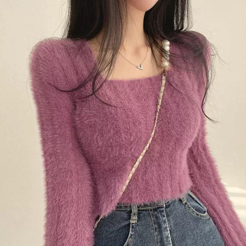 Soft and chewy square-neck mink-feel sweater for women—Korean-style, subtly alluring short knit top with a chic, figure-flattering design, perfect as an inner layer for fall and winter.