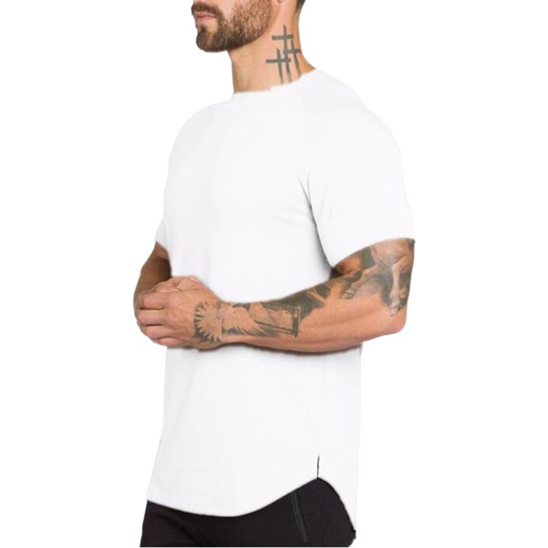 Comercio exterior color sólido blanco fitness hombres larga transpirable deportes camiseta de moda de los hombres slim fit verano bodybuilding manga corta hombres