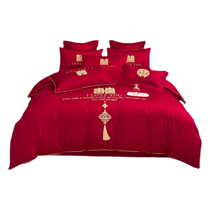 Свадебный комплект постельного белья из четырех предметов: пододеяльник из чистого хлопка, ярко-красный, с простой вышивкой, полностью хлопковый, для свадебной комнаты, простыня на резинке, домашний текстиль