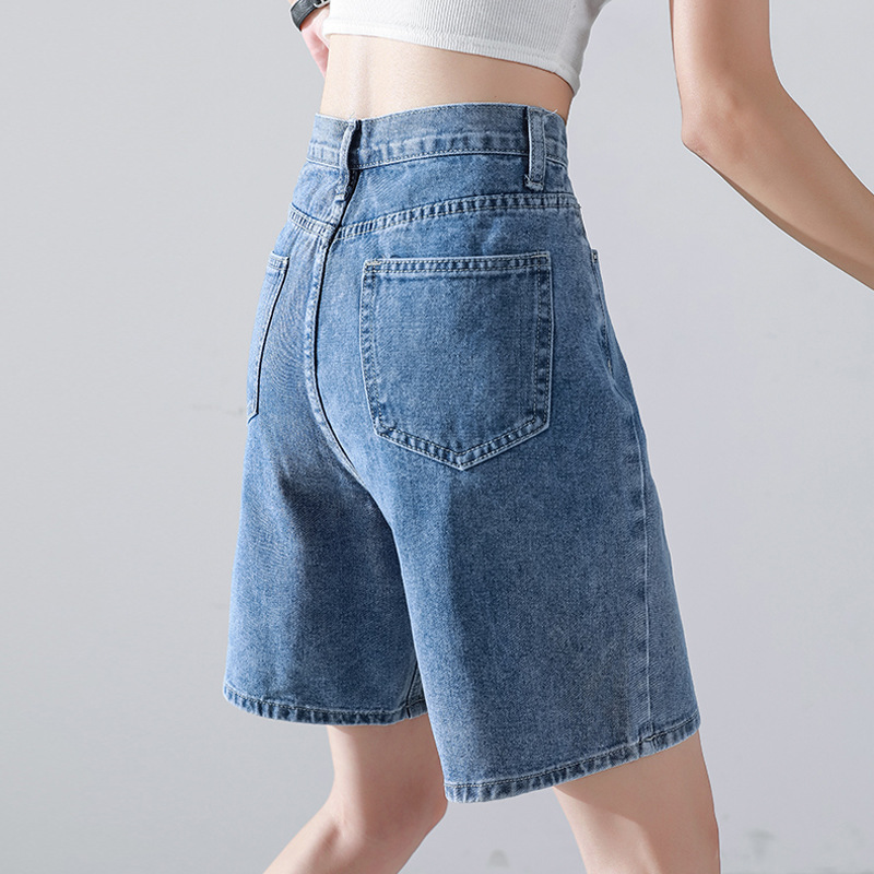 Pantalones cortos de mezclilla de cinco puntos rectos para mujer adelgazamiento de cintura alta delgada 2022 verano Nuevo ins pantalones de pierna ancha moda