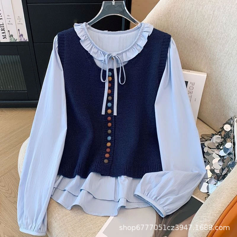 韩系复古假两件彩虹纽扣针织马甲拼接衬衫女秋季新款甜美遮肉上衣|undefined