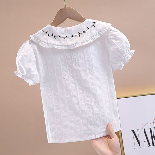 Girls' summer clothing: short-sleeved pure cotton white shirt, thin summer style for primary school students, with bow collar tops and performance half skirts