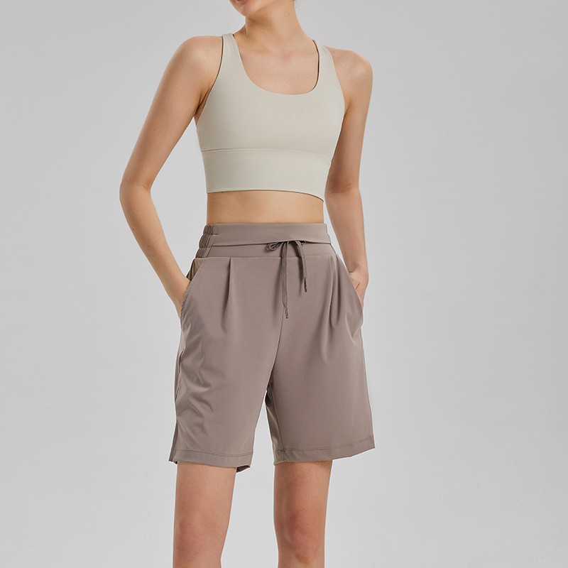 Pantalones deportivos transfronterizos de cinco puntos de cintura alta suelta, ropa de ejercicio elástica de secado rápido para correr y montar pantalones cortos de verano