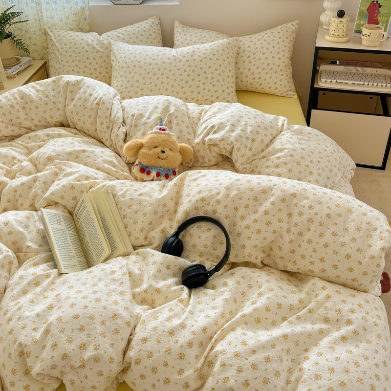 Class A Double-layer Yarn Four-piece Set Bedding Wash Cotton Quilt Cover Small Floral Bed Sheet Dormitory Three-piece Set Bedclothes 4