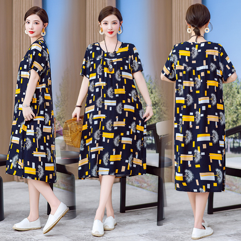 Mother's wear summer cotton silk dress middle-aged and elderly women's printed loose plus size nightdress mid-length homewear