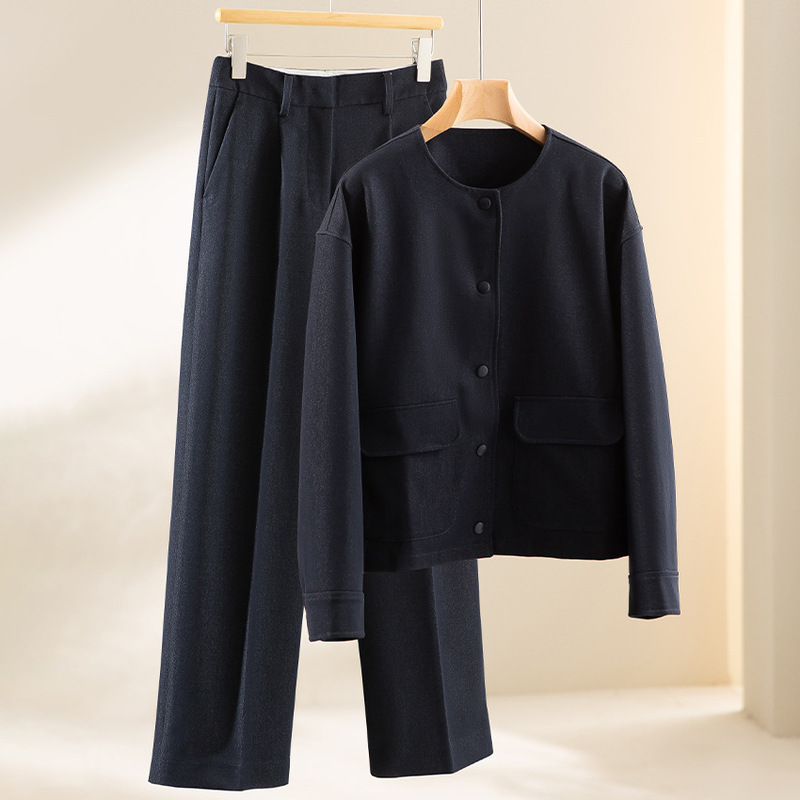 Anti-Denim Wool Jacket, Round Neck Two-Piece Set, Slim Straight Wide-Leg Pants, Women's Autumn and Winter Suit, High-End