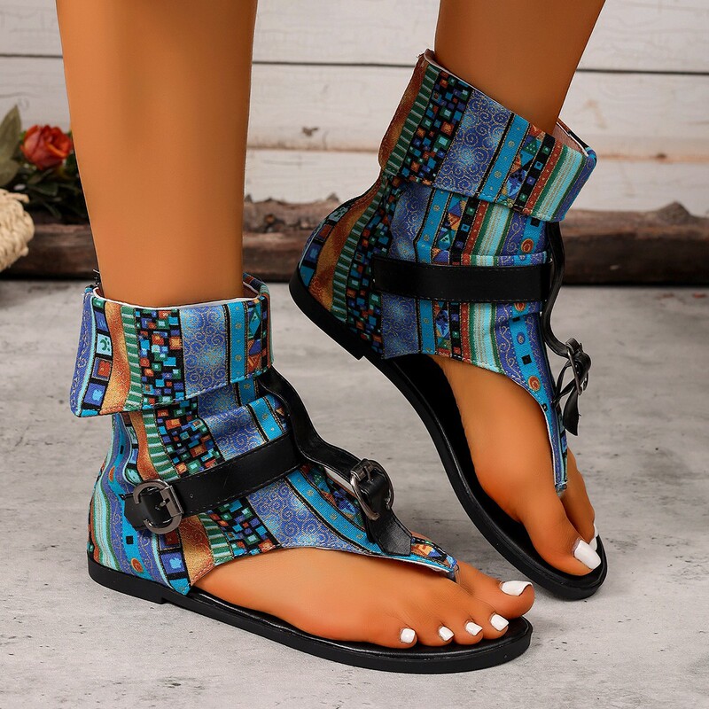 Foreign Trade Large Size Printed Thong-Toe Sandals Roman Sandals High-Top Flat Roman Sandals Women's Beach Shoes Foreign Trade Large Size Printed Thong-Toe Sandals Roman Sandals High-Top Flat Roman Sandals Women's Beach Shoes