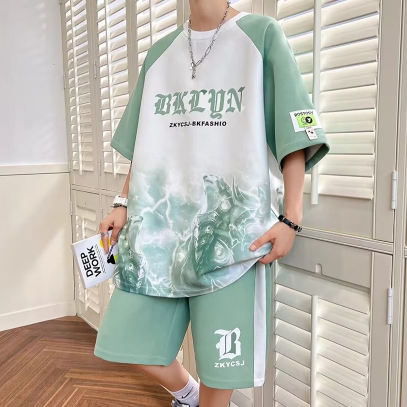 2024 Waffe Leisure Sports suit Men's Hong Kong-style Loose plus size Summer Handsome Youth Ice Silk Short-sleeved Trendy 2024 Waffe Leisure Sports suit Men's Hong Kong-style Loose plus size Summer Handsome Youth Ice Silk Short-sleeved Trendy