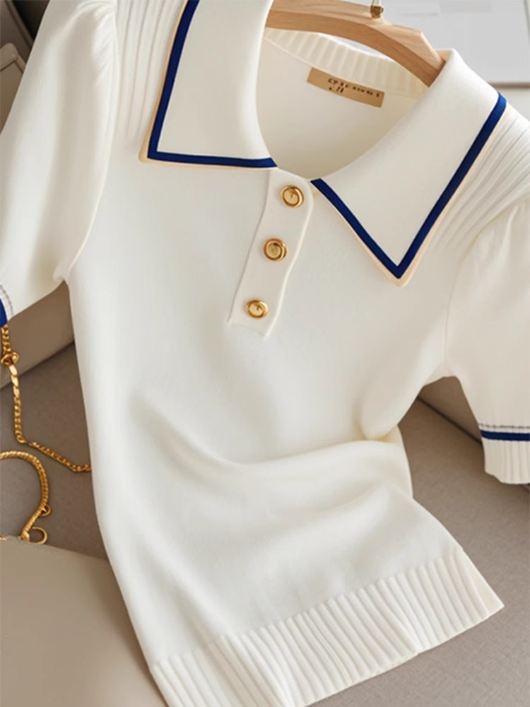 Áo thun nữ cổ polo tay lỡ phối màu chất liệu cotton lạnh — trắng