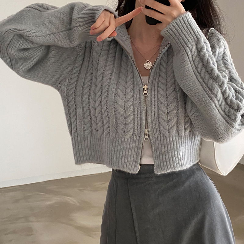 Otoño e invierno nuevo corto de manga larga chic vintage patrón de cáñamo de doble cabeza cremallera solapa de punto cardigan suéter abrigo para mujeres