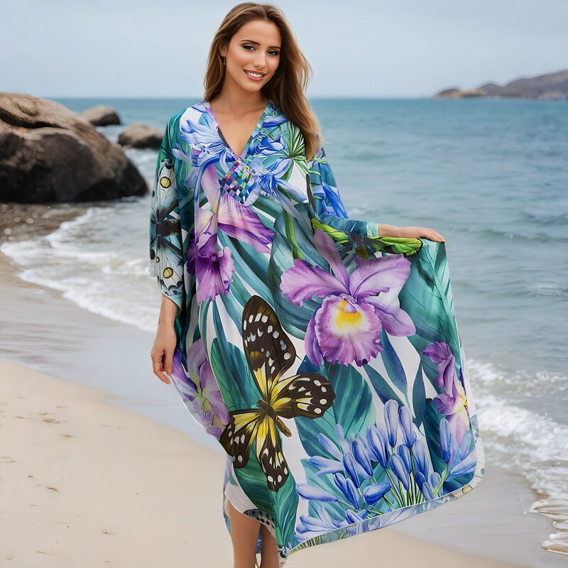 Cross-Border Quick-Drying Beach Cover-Up with Woven Front, Beach Robe, Beach Vacation, Loose Fit, Plus Size Kaftan, Amazon