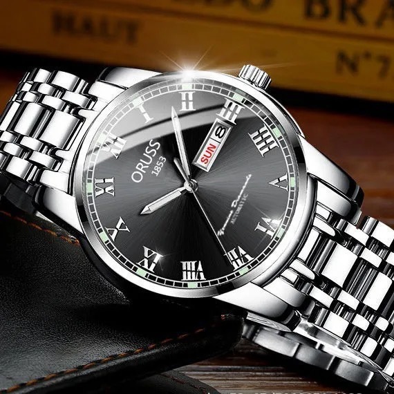 Marca suiza movimiento automático reloj de los hombres impermeable calendario luminoso correa de acero de moda reloj no mecánico reloj de cuarzo