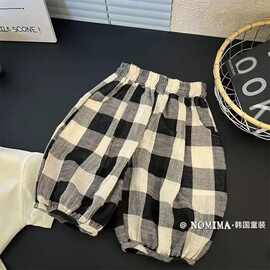 中小童透气休闲裤2025夏季新款潮流格子七分裤儿童宽松薄款短裤潮