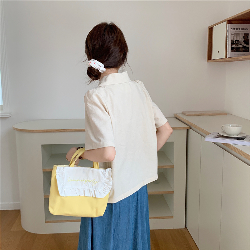1441 Japanese and Korean chic Sweet ruffled bento Bag, Fresh embroidered hand-held small cloth bag, girl student bag wholesale undefined
