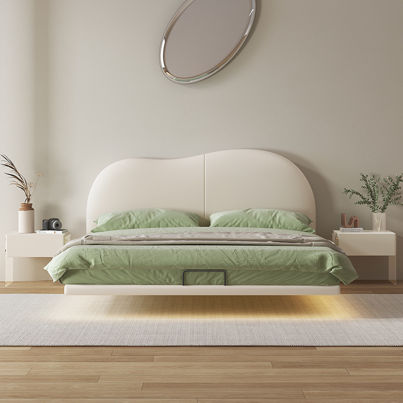 Creamy Wind Suspended Cloud Bed Modern Minimalist Double Bed Master Bedroom Soft Pack Italian Minimalist Light Luxury Leather Bed