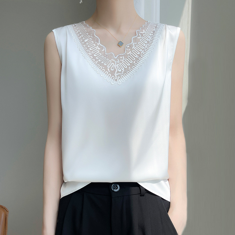 Cross-Border 2025 Summer Women's New V-Neck Sleeveless Vest T-Shirt Mesh Top Loose Ice Silk Camisole Cross-Border 2025 Summer Women's New V-Neck Sleeveless Vest T-Shirt Mesh Top Loose Ice Silk Camisole