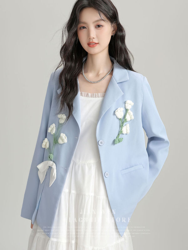 2025春秋新款蓝色文艺风通勤气质西装外套女立体花朵高级感西服潮|undefined