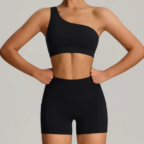 Bra, black shorts