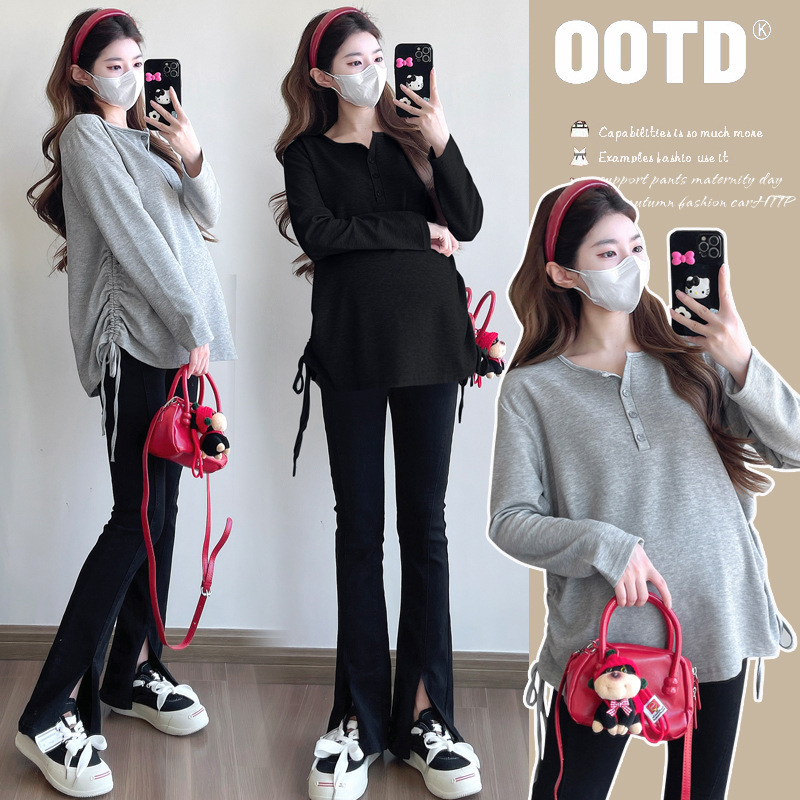 in stock 2025 New Maternity Fashion Drawstring Long Sleeve Top Simple All-match T-shirt Spring and Autumn Pregnant Women Base Shirt