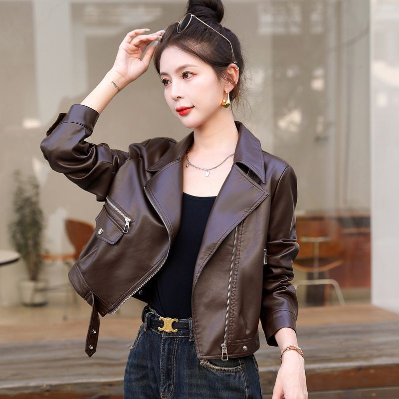 Autumn 2024 New Leather Jacket Women's Short Biker Clothes Casual Thick Puleather Spring and Autumn Leather Jacket