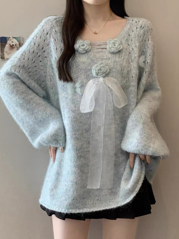 立体花朵亮片V领针织衫毛衣女款春秋2025大码胖mm法式蝴蝶结上衣|undefined