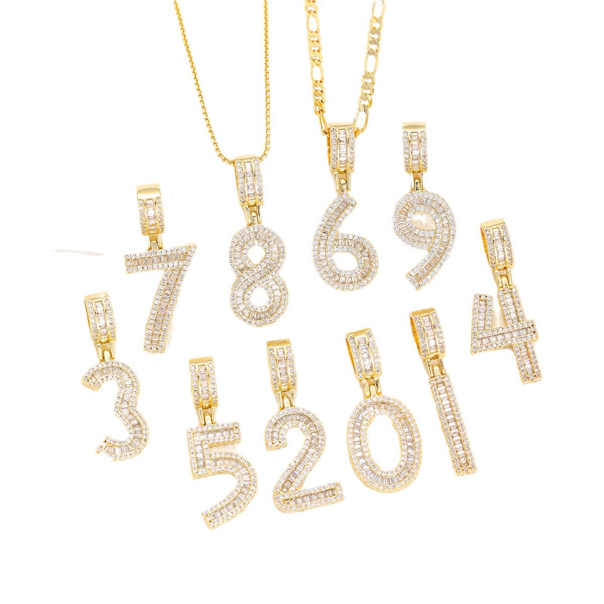 Collar colgante de número de la suerte nuevo transfronterizo, micro-incrustaciones de cobre, circón, personalidad, tendencia, collar de hip-hop, cadena de suéter al por mayor