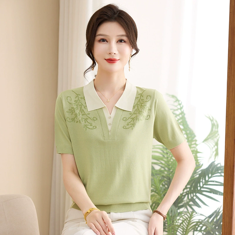 Мама одеваются 2025 летний новый трикотаж с короткими рукавами тонкий средний и пожилой женский модный лацканный ледяной шелк футболка