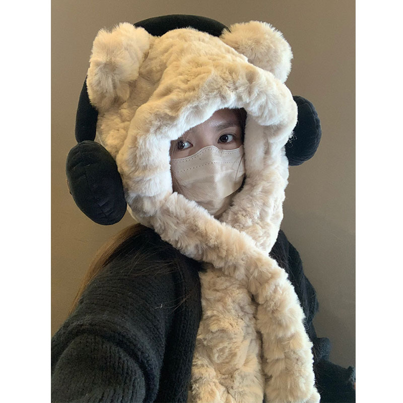 Furry winter thick cute headphones, teddy bear scarf in one, plush ear protection, Lei Feng hat, headband cover_viptrois.com