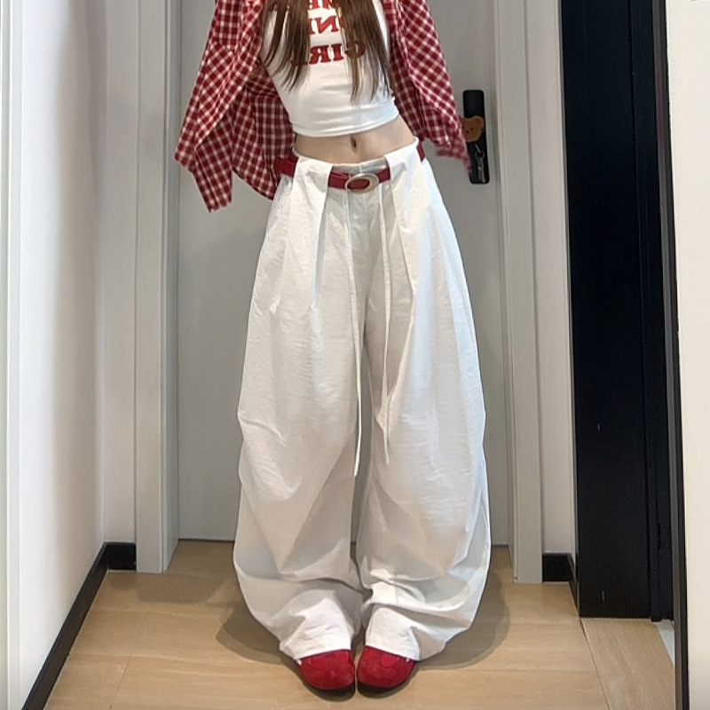 Xiaohongshuの人気のワイドレッグシミターパンツ女性用2025年夏新作レイジースタイルリラックス感多用途カジュアルスポーツパンツ|undefined