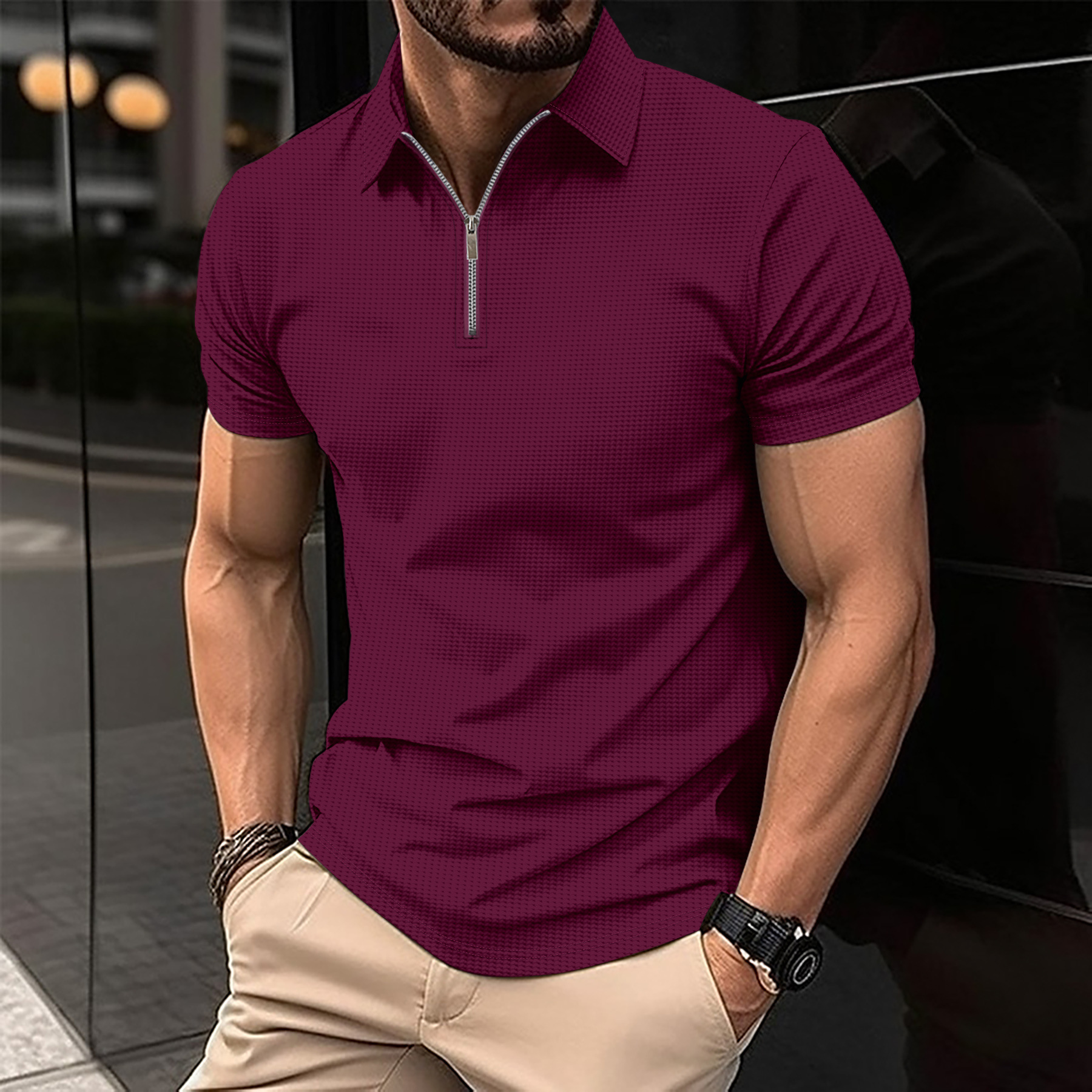 Men's Solid Color Zip Up Short Sleeve Waffle Knit Shirt Breathable Cotton Blend Top In White Black Gray For Summer_viptrois.com