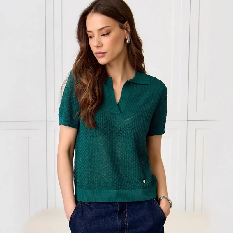 Knitted Polo Shirt with Mesh Cutouts for Women Knitted Polo Shirt with Mesh Cutouts for Women