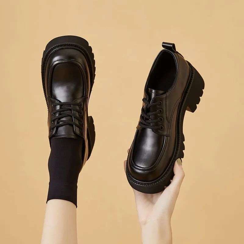 Autumn and Summer Retro Thick-Soled Height-Increasing Small Leather Shoes for Women British Style Thick-Heeled Lace-Up Boots Oxford Loafers