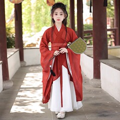 魏晋風南北朝の赤い漢服の女の子2025の新型の夏の時代の子供の出演服の広袖の国風のスカート