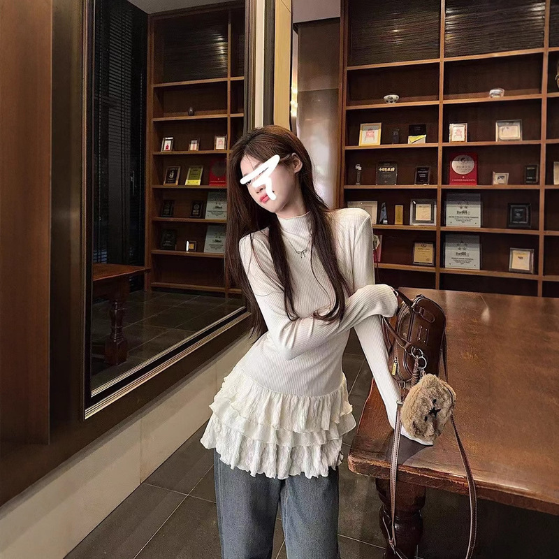 Spring New French Style Multi-Layer Lace Stitching Stacked Half-High Collar Long-Sleeved Mid-Long T-Shirt Women's Inner Base Shirt