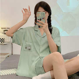 纯色绿简约睡衣女夏季开衫仿棉女生小清新短袖减龄外穿家居服套装
