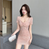 Hip wrapped short skirt sexy spicy girl low cut slim fit design feeling knitted sequin dress