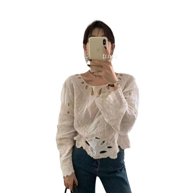韩系设计感镂空刺绣长袖套头衬衫女春秋新款独特绝美宽松露肩上衣|undefined