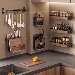 中古風胡桃木厨房物置棚多機能調味料穴なし収納棚箸スプーン刃物セット