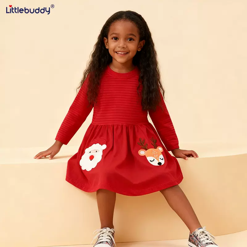 跨境现货littlebuddy儿童连衣裙秋装新款欧美中小童圣诞长袖裙子