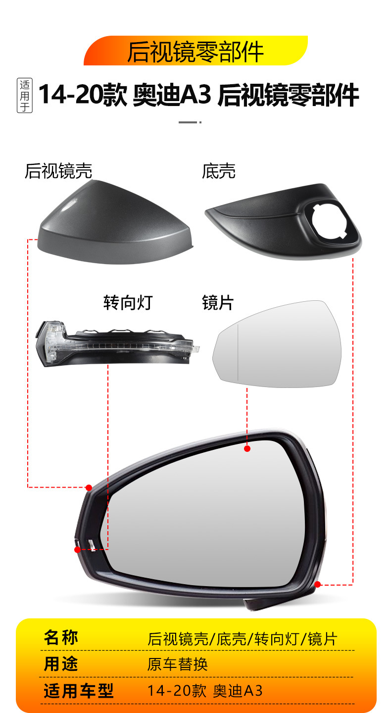Suitable for 14-24 Audi A3 Rearview Mirror Housing A3L Reversing Lens Turn Signal Reflector Frame Lower Bottom Shell