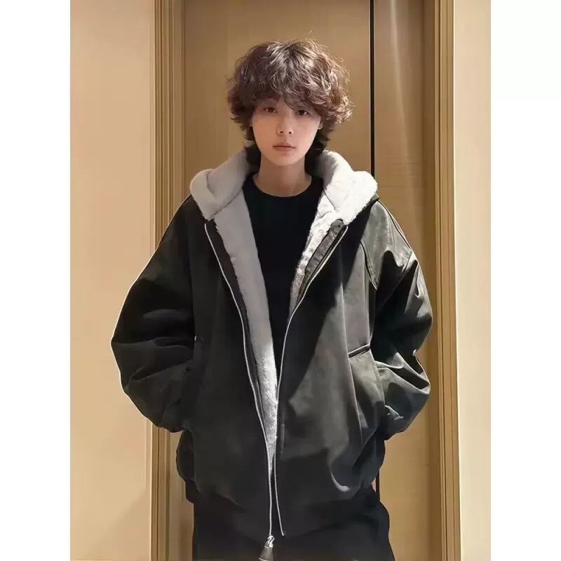 美式座山雕毛领棉衣男冬潮牌解构加厚连帽棉服高街保暖情侣皮夹克